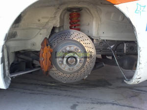 Rear brake setup on a 997 GT3 race car