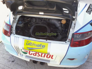 The engine bay of a 997 GT3 Cupe race car